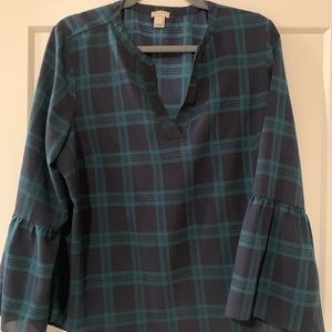 JCrew Chiffon 3/4 Sleeve Plaid Tartan Top - Size L